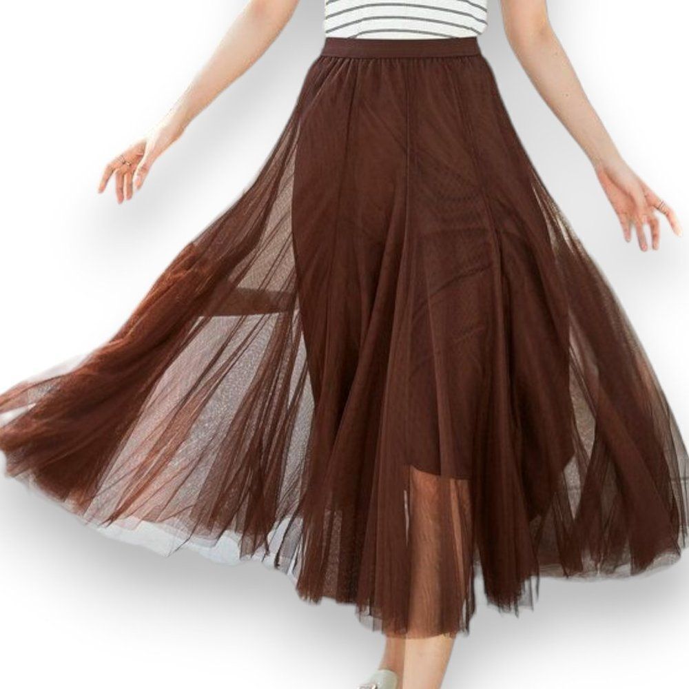 High Waist Brown Mesh Multi Layer Panel Tulle Midi Skirt NEW